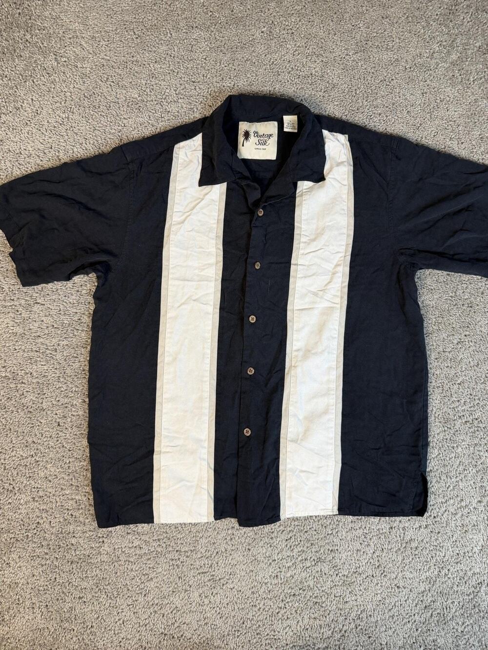Vintage Silk Shirt Mens L Black Bowling Panel Striped Short Sleeve Button Up